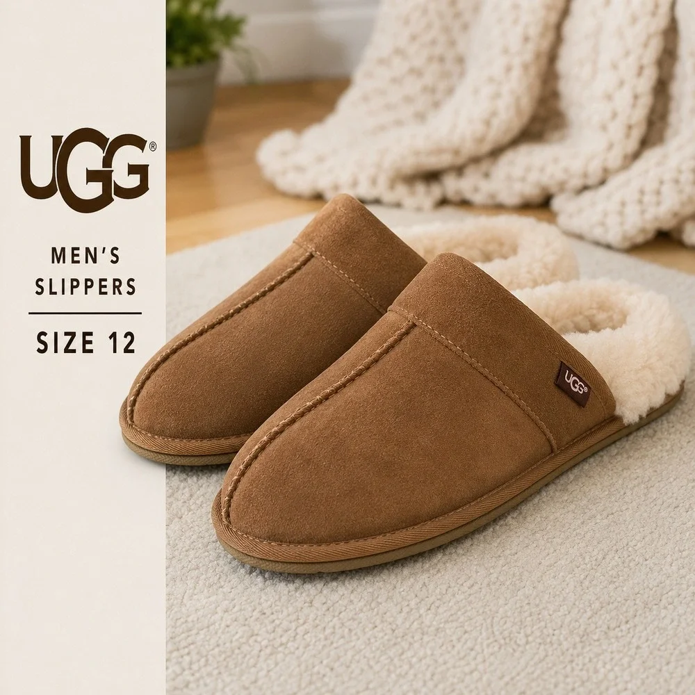 UGG Scuff Slipper Mens 12 Brown Suede Sheepskin Lining House Shoes Slip On Warm
